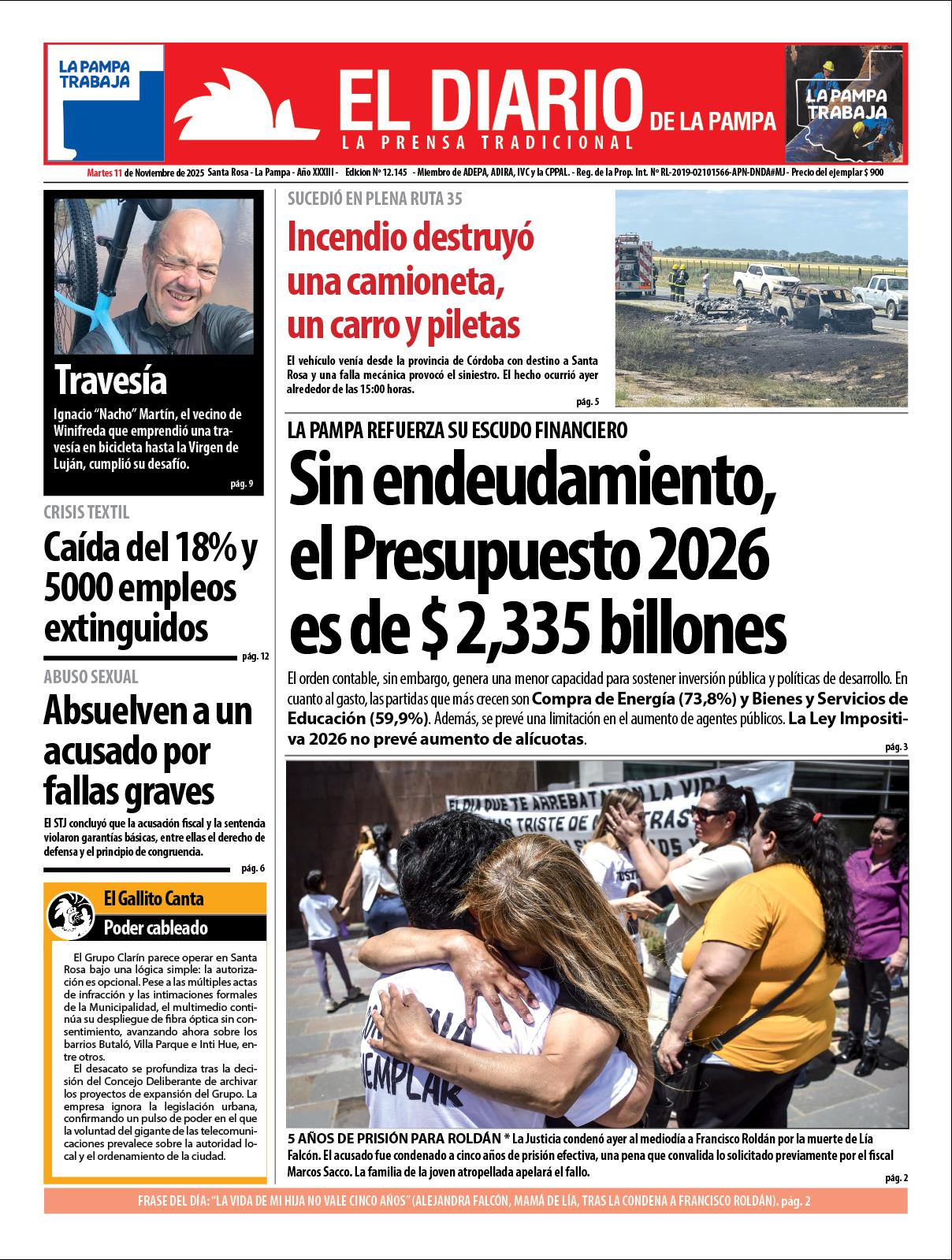 Tapa de El Diario en papel  martes 11 de noviembre de 2025